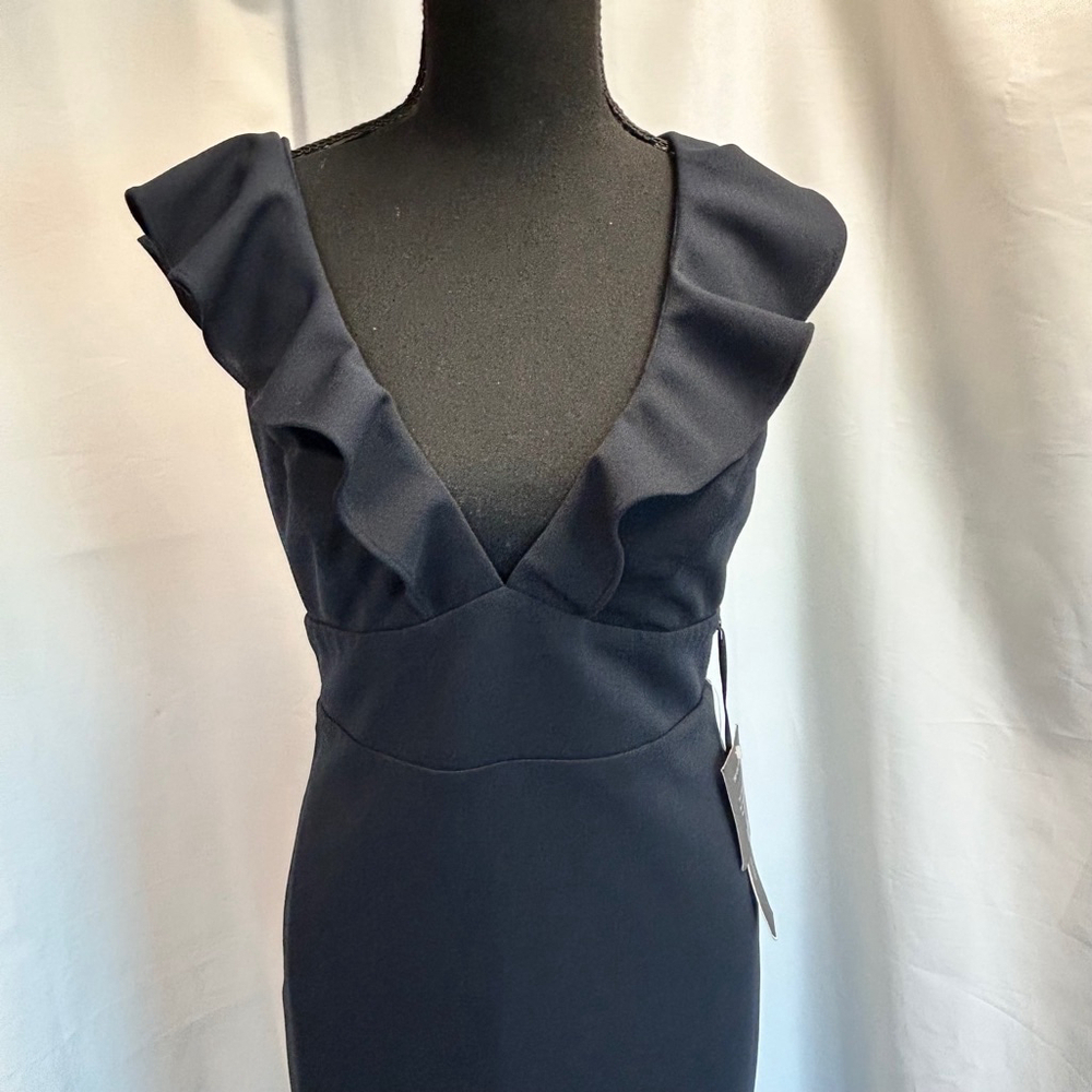 Lulu’s navy blue ruffle frill V neckline sleeveless pleated mermaid maxi dress M - Picture 4 of 16